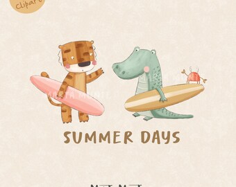 Tiger & Crocodile Surfing Clipart Set: Summer Fabric Iron-On (PNG Digital File) heat transfer design