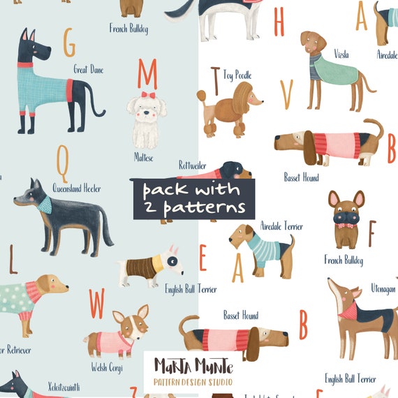 Alphabet Dogs Fabric Pattern, Commercial License (Digital File)