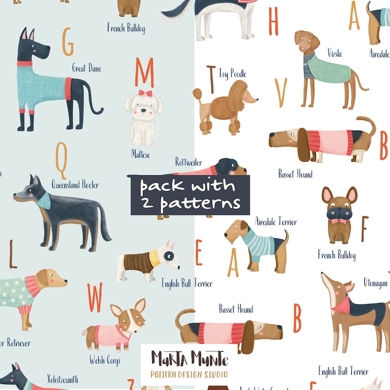 May include: Two seamless patterns featuring illustrated dogs, each labeled with a letter of the alphabet. The dogs are depicted in various breeds, wearing sweaters and accessories. The text "pack with 2 patterns" is also visible.
