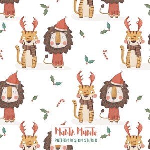 Christmas Lion and Tiger Seamless Pattern for Commercial Use, surface design , seamless repeat pattern, fabric pattern, Commercial Licence