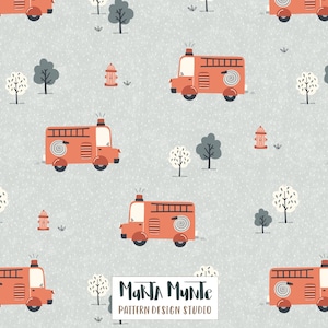 May include: A repeating pattern featuring orange fire trucks, trees, and fire hydrants on a light gray background. The design includes small white dots and is suitable for children's products. The text "MARTA MUNTE PATTERN DESIGN STUDIO" is at the bottom.