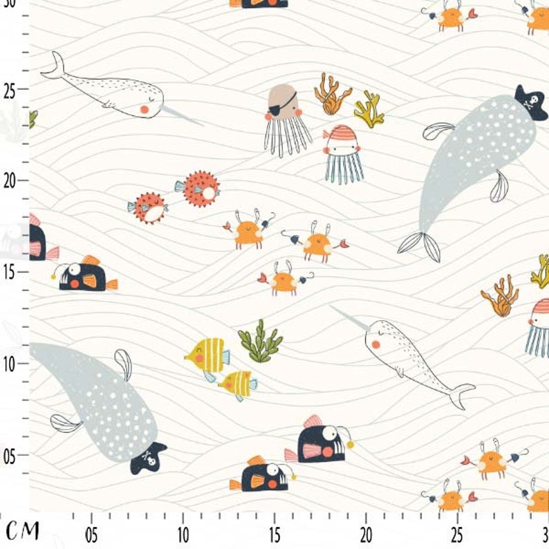 May include: A whimsical fabric design featuring an underwater scene with cartoon narwhals, fish, jellyfish, and crabs. The background has wavy lines in light gray. The sea creatures are in various colors, including orange, yellow, and blue.
