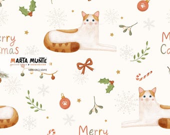 Christmas cat lovers Seamless Pattern, Kids Fabric (Digital Download)