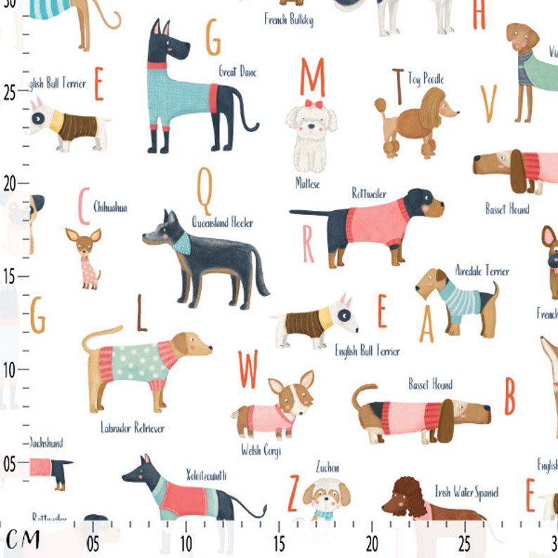 May include: A white fabric with colourful illustrations of dog breeds, each wearing sweaters and labelled with letters. Breeds include a Great Dane, Maltese, and Toy Poodle. A centimetre ruler is shown on the left side.