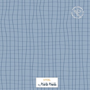May include: A seamless pattern featuring a blue and white grid on a light blue background. The pattern is hand-drawn and has a slightly wavy texture. The text "STEEL by Marta Munte" is at the bottom of the image.