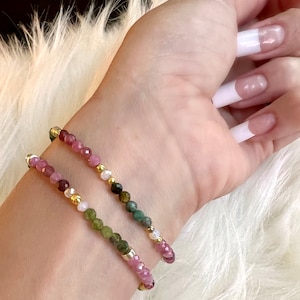 Watermelon Tourmaline Stretch Bracelets (2 Designs) | High Grade Quality | Faceted 2.5-3mm | Gold Hematite Accents+Opal Crystals| Custom Fit