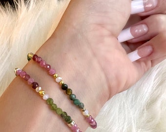Watermelon Tourmaline Stretch Bracelets (2 Designs) | High Grade Quality |Faceted 2.5-3mm| 18k Gold Filled Accents +Opal Crystals|Custom Fit