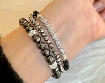 Hysteria - 3 Stretch Bracelet Set | Gunmetal Hematite Gemstones, CZ Pave Accents, &  Black and Silver Crystal | 4mm-6mm | Custom Sizing
