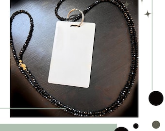 36” Lanyard or Long Necklace | Black Crystals 3mm or 4mm |18k filled Gold or Sterling Silver Clasp | Badge Clip included