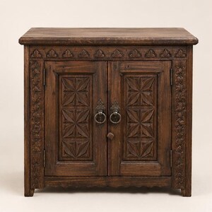 Hand-Carved Moroccan Cabinet | Small 2-Door Accent Chest | Geometric Star Wood Nightstand | Rustic Storage Console | Boho Bedside Table