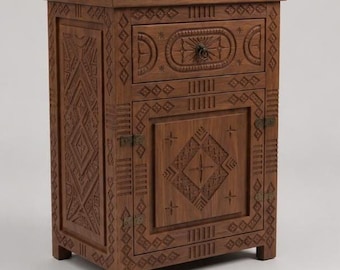 Hand-Carved Moroccan Nightstand | Solid Wood Bedside Table | Amazigh Tribal Accent Cabinet | Boho End Table | Rustic Drawer Storage Chest