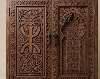 Handgeschnitzter Holzschrank | Traditionelles marokkanisches Möbelstück mit Amazigh-Symbol | Orientalischer Aufbewahrungsschrank | Authentische Berber-Handwerkskunst
