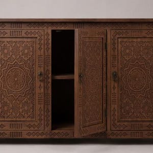 Hand-Carved Moroccan Cabinet | 3-Door Solid Wood Sideboard | Floral Mandala Credenza | Rustic Walnut Storage Console | Boho Buffet Table