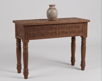 Hand-Carved Moroccan Console Table | 2-Drawer Floral Solid Wood Desk | Boho Entryway Table | Turned Leg Sofa Table | Rustic Accent Desk
