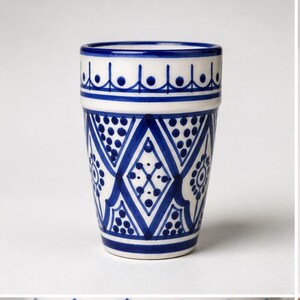 Hand-Painted Moroccan Ceramic Cup | Blue and White Pottery Tea Mug | Safi Pattern Drinkware | Boho Coffee Tumbler | SoussArtisans Drinkware