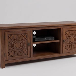 Hand-Carved Moroccan TV Stand | Solid Wood Media Console | Sunburst Star Entertainment Center | Boho Low Credenza | Rustic Wood Cabinet