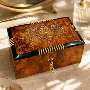 Peut inclure: Une boîte à bijoux rectangulaire en bois avec une finition en loupe de bois, ornée de bordures noires et d'incrustations dorées à rayures. Le couvercle présente un motif filigrane argenté complexe avec des cristaux clairs et une clé dorée.