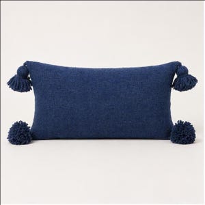 Solid Navy Blue Lumbar Pillow Cover | Dark Blue Boho Throw Pillow with Tassels | Large Rectangular Cushion | Minimalist Coastal Decor