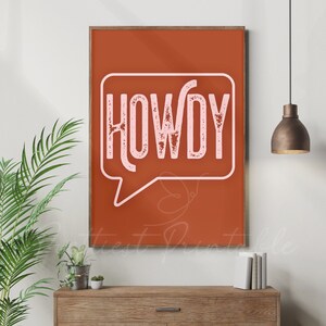 Howdy Digital Print, Western Theme Art, Cute Teen Girl Room Poster, Apartment Decor, Terra Cotta and Rust, Typography Graphic Design