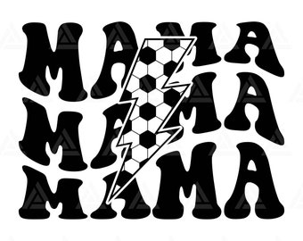May include: Black and white graphic design with the word "Mama" repeated three times in a retro font. A stylized lightning bolt with a soccer ball pattern is centered in the design.