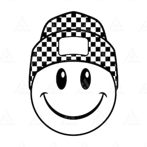 Glückliches Gesicht SVG, kariertes Beanie Hut Design, glückliches Gesicht Clipart, Retro glückliches Gesicht PNG. Schnittdatei Cricut, Silhouette, Png, Pdf, Vektor.
