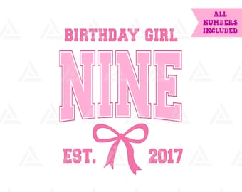 Nueve Est. 2017 Svg, Niña de cumpleaños con lazo rosa coqueto Png, Imágenes prediseñadas para fiesta de noveno cumpleaños, Impresión de noveno cumpleaños. Archivo de corte Cricut, Png Pdf Vector.