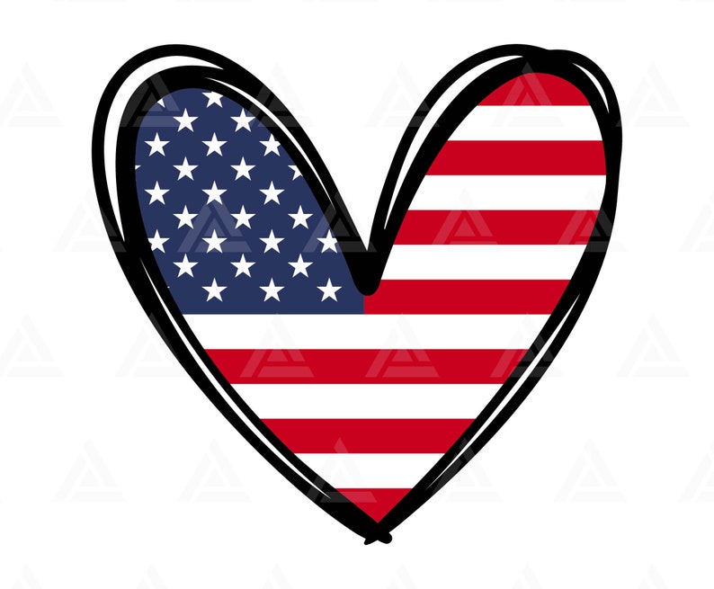 K&ouml;nnte beinhalten: Eine rot-wei&szlig;-blaue amerikanische Flagge in Herzform. Die Flagge ist mit einem schwarzen Umriss gezeichnet.