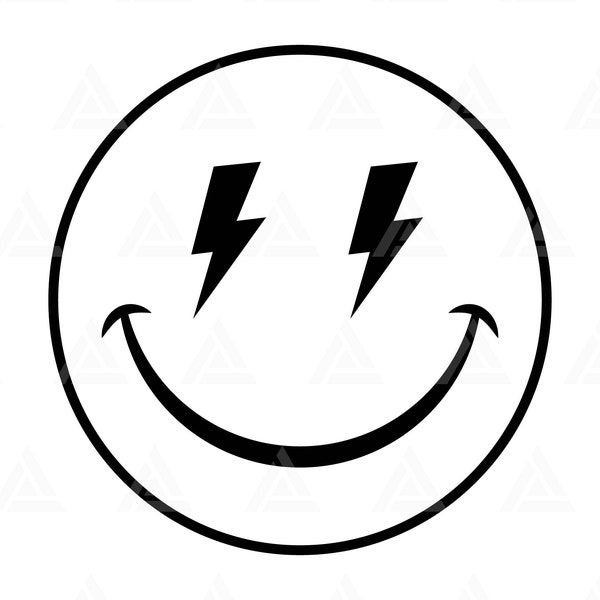 Happy Face Svg, Lightning Bolt Eyes Svg, Positive, Retro Happy Face PNG, Good Vibes Only. Cut File Cricut, Silhouette, Png Pdf, Vector.