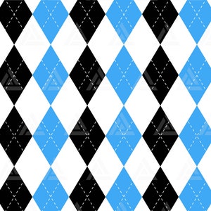 Può includere: Uno schema senza cuciture di diamanti neri e blu chiaro su uno sfondo bianco. I diamanti hanno un motivo a linea tratteggiata bianca.