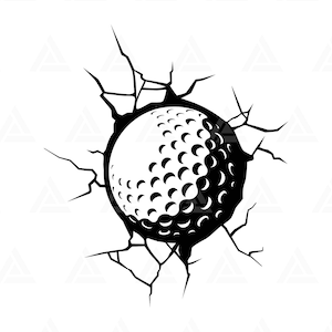 May include: A black and white illustration of a golf ball breaking through a cracked wall.