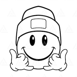 Glückliches Gesicht Mütze svg, Shaka Handzeichen, hängen lose, Retro glückliches Gesicht PNG Clipart. Schnittdatei Cricut, Silhouette, Png, Pdf, Vektor.