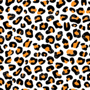 Puede incluir: Patrón repetitivo de manchas de leopardo negras y naranjas sobre fondo blanco. Las manchas, de tamaños y formas variadas, crean un diseño dinámico y llamativo. Adecuado para telas, papel pintado o arte digital.