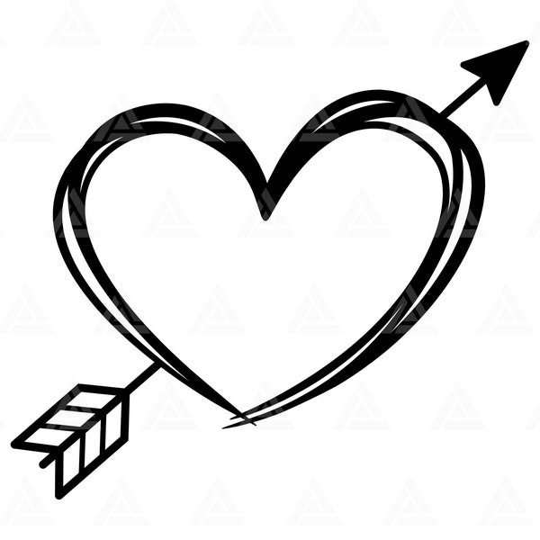 Arrow Heart Svg, Cupid Love Arrow Svg, Arrow Hand Drawn Heart Svg, Valentine's Day Svg. Cut File Cricut, Png Pdf Eps, Vector, Sticker.