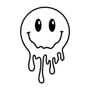May include: A black and white dripping smiley face illustration. The smiley face is melting and dripping down the page.