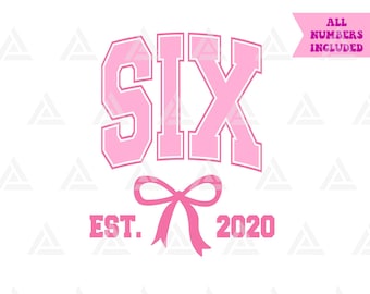 Six Est. 2020 Svg, Pink Coquette Bow Png, Clip art para fiesta de sexto cumpleaños, Impresión de sexto cumpleaños. Archivo de corte Cricut, PNG Pdf Vector.