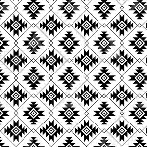 May include: Black and white geometric pattern with a repeating design of diamonds and stars. The pattern is symmetrical and has a traditional feel.