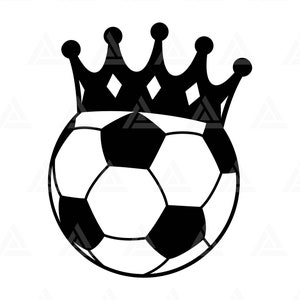 May include: Black and white illustration of a soccer ball wearing a crown. The soccer ball has a classic design with pentagons and hexagons.