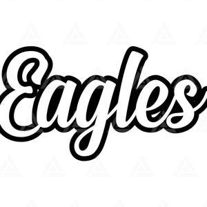 Könnte beinhalten: Schwarzweißes Grafikdesign des Wortes "Eagles" in einer stilisierten, kursiven Schrift.
