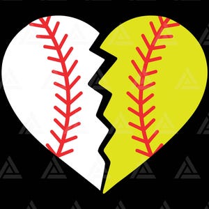 May include: A graphic illustration of a heart split in two, with one half resembling a white baseball and the other a yellow softball. Both halves feature red stitching, set against a black background.