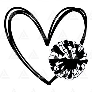 Könnte beinhalten: Schwarz-weiße Grafik eines Herzens mit einem Pompon. Das Herz ist mit dicken schwarzen Linien umrandet, und der Pompon befindet sich auf der unteren rechten Seite. Das Design ist einfach und auffällig.
