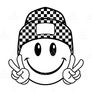 Gorro de cara feliz a cuadros SVG, signo de la paz, imágenes prediseñadas de cara feliz, cara feliz retro PNG. Cortar Archivo Cricut, Silueta, Png Pdf, Vector.