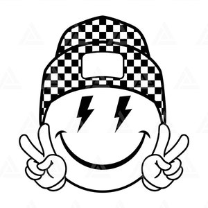 Beanie faccia felice a scacchi Svg, segno di pace, occhi a forma di fulmine, clipart PNG faccia felice retrò. Taglia file Cricut, silhouette, vettoriale.