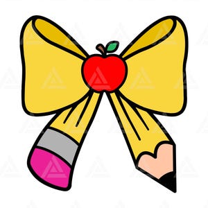 May include: A cartoon illustration of a yellow bow with a red apple in the center. The bow is made of two pencils, with a gray band and pink eraser on one end, and a pencil tip on the other. The apple has a green leaf.