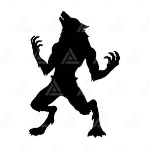 Puede incluir: Una silueta negra de un hombre lobo aullando a la luna. El hombre lobo está de pie sobre sus cuatro patas con la cabeza echada hacia atrás y la boca abierta en un aullido. El pelo del hombre lobo es largo y peludo, y sus garras son afiladas.