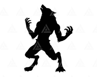 May include: A black silhouette of a werewolf howling at the moon. The werewolf is standing on all fours with its head tilted back and its mouth open in a howl. The werewolf's fur is long and shaggy, and its claws are sharp.