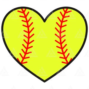 Puede incluir: Una pelota de softball amarilla en forma de corazón con costuras rojas.