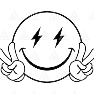 Faccia felice Svg, Segno di pace Svg, Faccia felice Fulmine Occhi Clipart, Faccia felice retrò PNG. Taglia file Cricut, sagoma, Png Pdf, vettoriale.