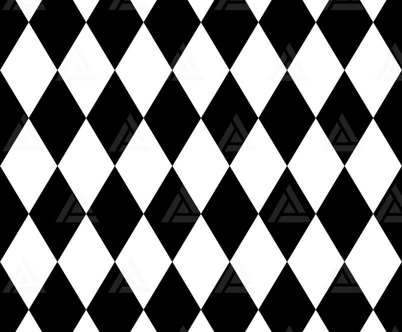 May include: A black and white checkered pattern with alternating black and white diamond shapes.
