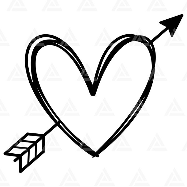 Arrow Heart Svg, Love Arrow Svg, Arrow Hand Drawn Heart Svg, Valentine's Day Svg. Cut File Cricut, Png Pdf Eps, Vector, Decal, Sticker.