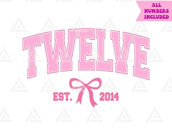 Twelve Est. 2014 Svg, Pink Coquette Bow Png, Clip art para fiesta de 12º cumpleaños, Impresión de 12º cumpleaños. Archivo de corte Cricut, PNG PDF Vector.